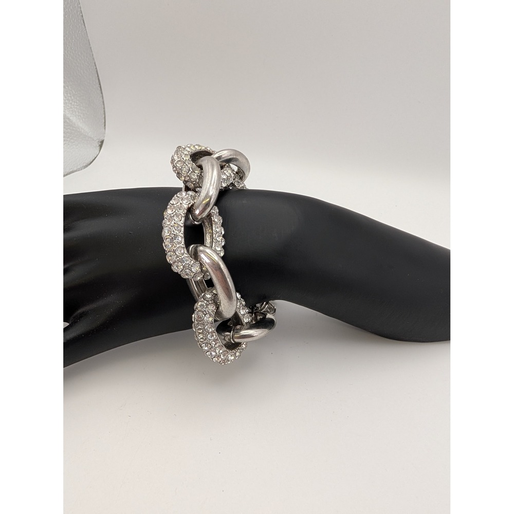 Guess Silver Tone Chunky Link Rhinestone Statement Bracelet Adjustable Clasp